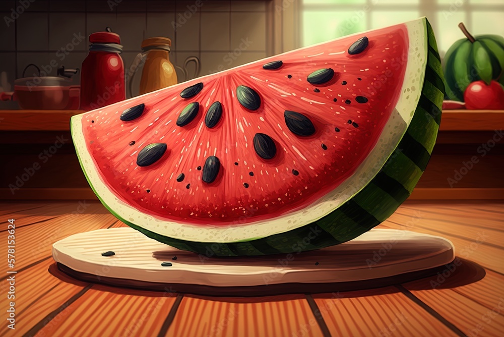 Poster closeup of a ripe watermelon on a table generative ai