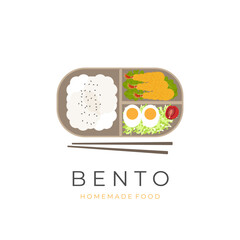 Wooden Lunch Box Bento Vector Illustration Logo With Filled Tempura Ebi Furai Rice And Fresh Vegetables