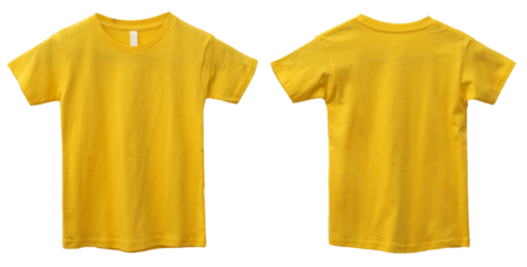 Yellow kids t-shirt mock up, front and back view, isolated. Plain light blue shirt mockup. Tshirt design template
