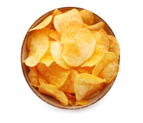 Bowl with delicious potato chips isolated on white background