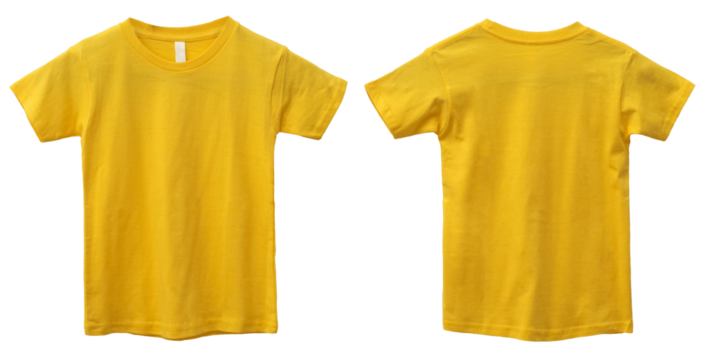Yellow kids t-shirt mock up, front and back view, isolated. Plain light blue shirt mockup. Tshirt design template