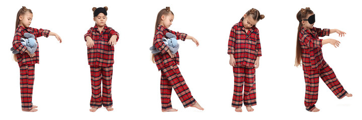 Collage with photos of girl sleepwalking on white background