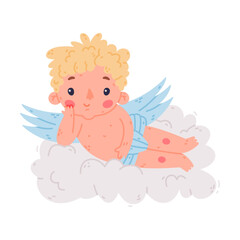 Cute baby Cupid. Adorable blond little boy angel character with wings lying on cloud cartoon vector illustration