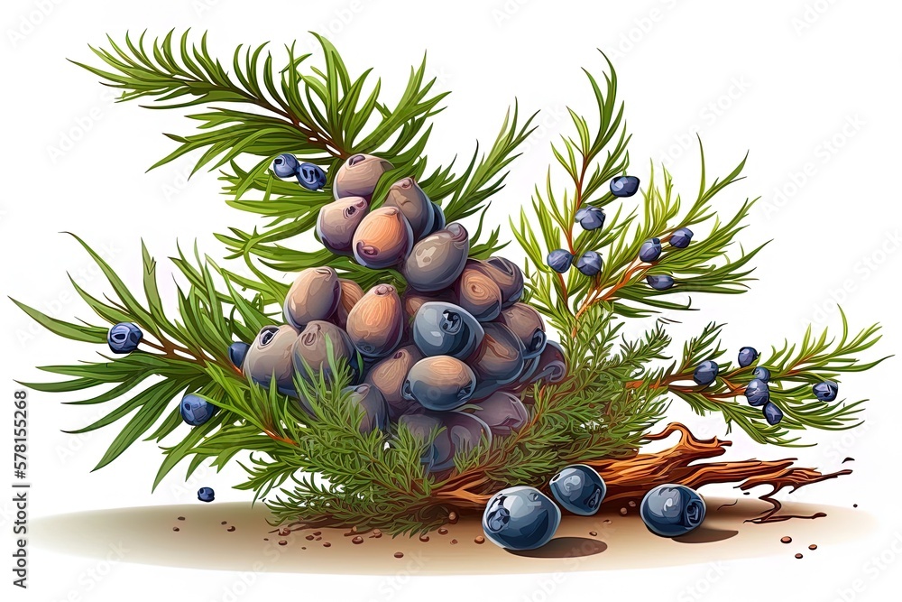 Poster white backdrop with floating juniper berries generative ai