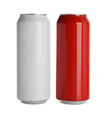 Aluminum cans with drinks on white background