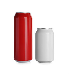 Aluminum cans with drinks on white background