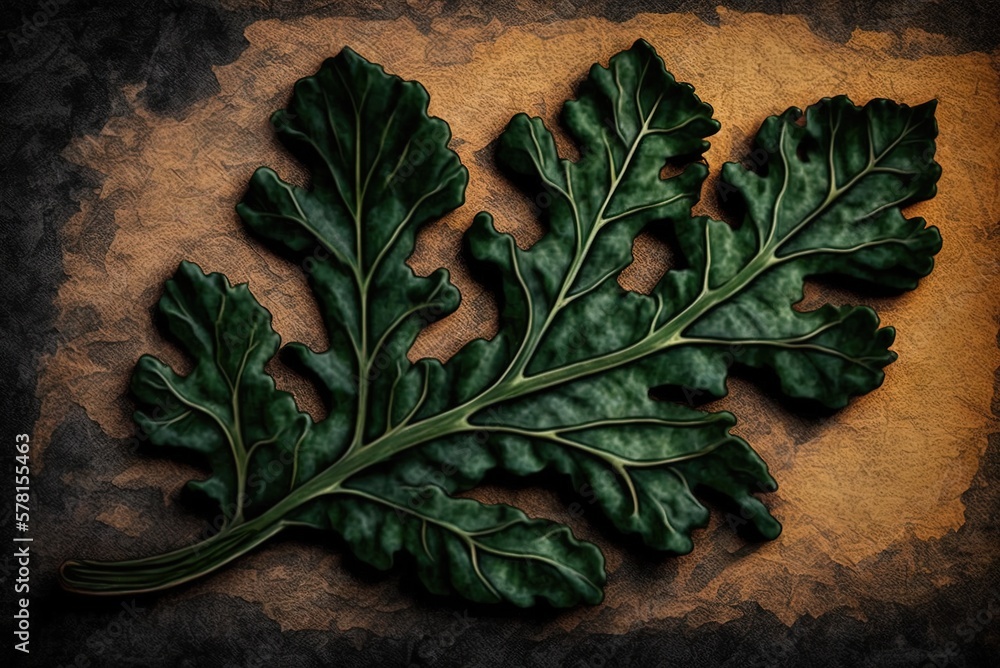 Poster leafy greens having a textured appearance; kale. generative ai