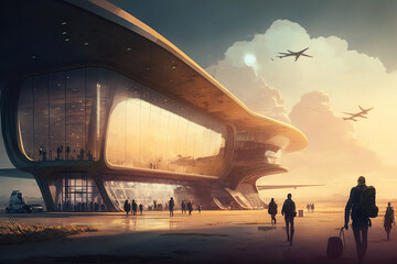 Fototapeta na wymiar Futuristic airport with anonymous crowd and flying airplanes