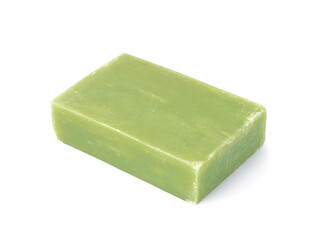 Green soap bar on white background