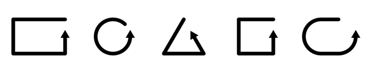 Conjunto de iconos de flechas en formas geométricas. Concepto de rotación. Ilustración vectorial