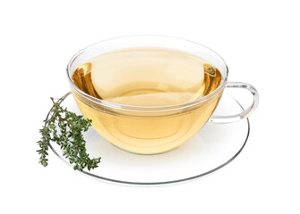 Cup of aromatic herbal tea and fresh thyme isolated on white
