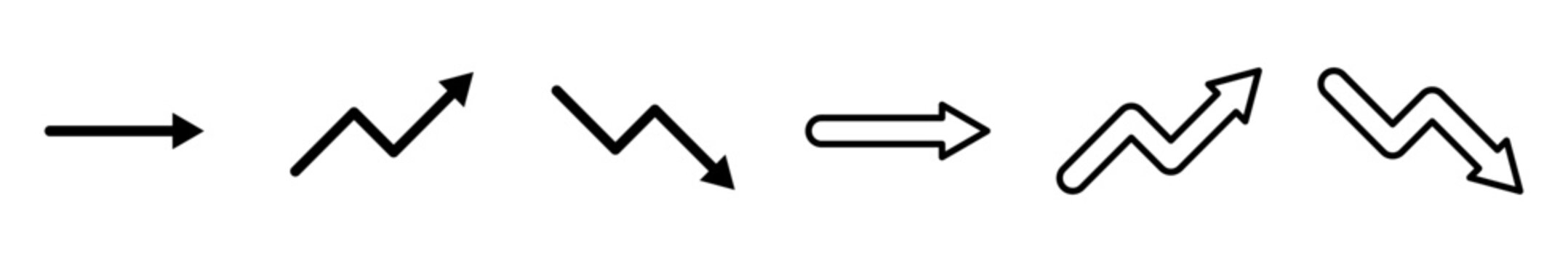 Conjunto de iconos de flecha recta, crecimiento y declive. Estad&iacute;sticas, an&aacute;lisis de resultados. Ganancias y p&eacute;rdidas de negocio. Ilustraci&oacute;n vectorial