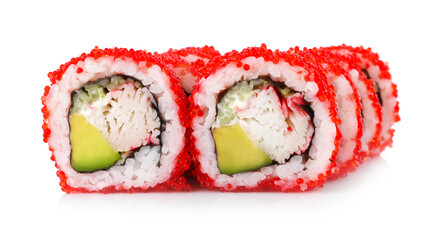 Delicious fresh sushi rolls with tobiko caviar on white background