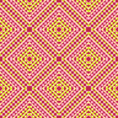 Bright seamless pixel pattern in Mexican style. Vivid tribal geometric triangles and squares ornament in trendy magenta color. Aztec rug background.