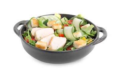 Delicious salad with croutons, chicken and vegetables isolated on white