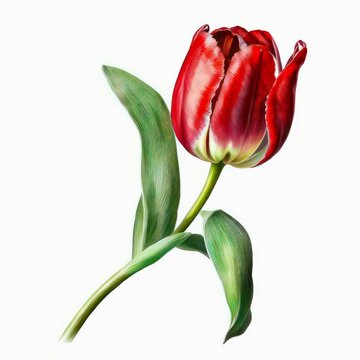 Beautiful bright tulip flower. Watercolor red tulip on white background. Generative AI art.
