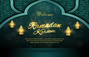 welcome ramadan kareem illustration banner with shiny luxury light islamic ornament and abstract gradient green and blue background design