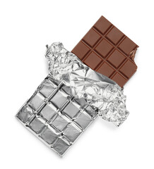 Bitten milk chocolate bar wrapped in foil isolated on white, top view