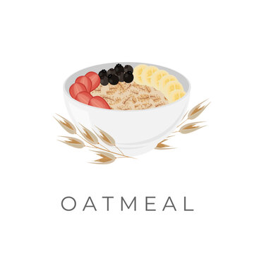 Oatmeal Porridge Vector Illustration Logo In A White Bowl With Fresh Fruit Additions