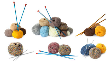 Collage with many different yarns and knitting needles on white background