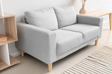 Stylish grey sofa in interior of living room