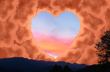 Beautiful sunset sky, view through heart shaped gap formed from orange clouds in mountains