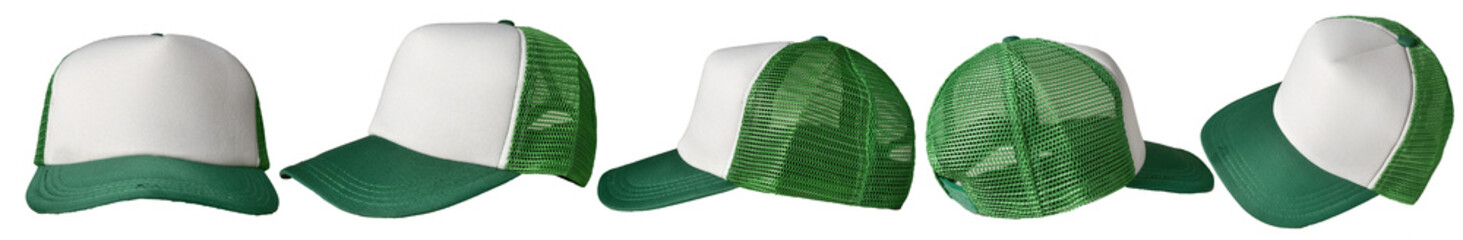 Set of green and white trucker cap hat mockup template collection, various angle isolated cut out...