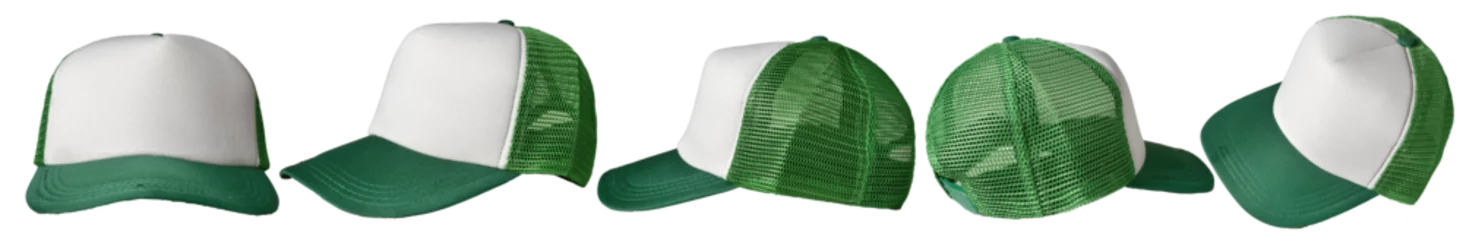 Foto op Canvas Set of green and white trucker cap hat mockup template collection, various angle isolated cut out object © airdone