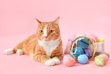 Fototapeta na wymiar Cute cat with Easter eggs and gifts on pink background
