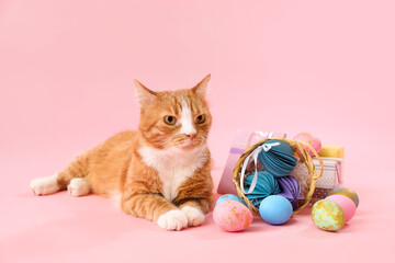 Fototapeta na wymiar Cute cat with Easter eggs and gifts on pink background