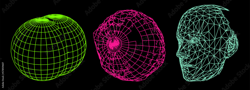 Fototapete Abstract 3D vector elements made from a mesh. Distorted spheres and a human head on a dark background.