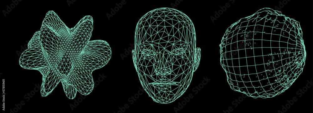 Fototapete Abstract 3D vector elements made from a mesh. Distorted spheres and a human head on a dark background.