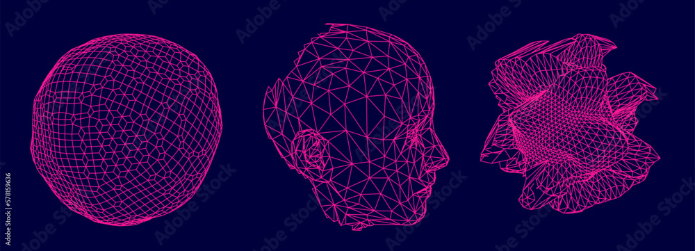 Fototapete abstract 3d vector elements made from a mesh. distorted spheres and a human head on a dark backgroun