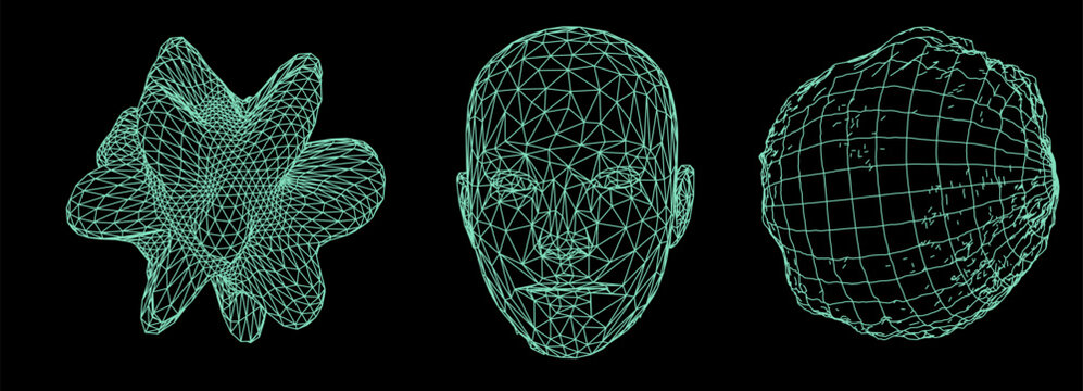Abstract 3D vector elements made from a mesh. Distorted spheres and a human head on a dark background. © local_doctor