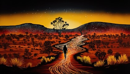 Australian aboriginal man following songlines over hills and dry red desert landscape, walking routes that crossed the country linking important sites and locations, Generative AI - obrazy, fototapety, plakaty