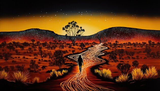 Australian aboriginal man following songlines over hills and dry red desert landscape, walking routes that crossed the country linking important sites and locations, Generative AI