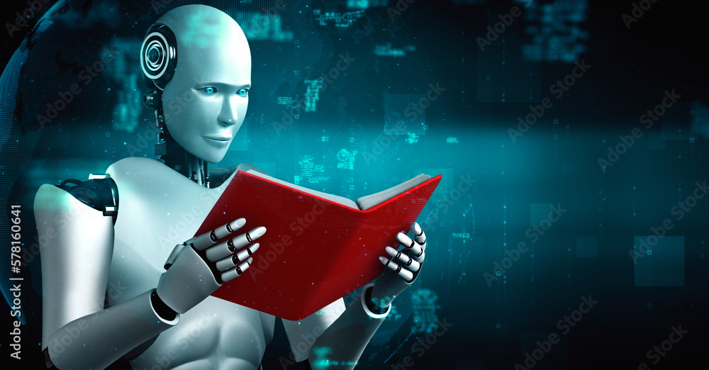 Poster 3d rendering of robot hominoid reading book and solving math data analytics in concept of future mat
