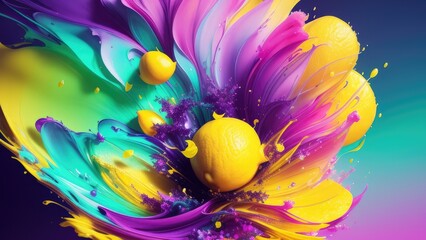 Fototapeta na wymiar Abstract background, lemon in splashes of paint and juice. neon color. Flying Lemon slices. Illustration.