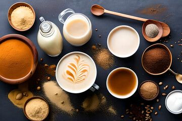 Obraz na płótnie Canvas Top view of milk tea and the ingredient - AI