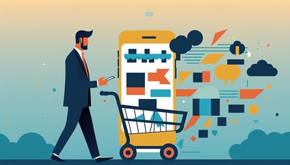 Business man using smart phone with shopping cart icon, Online shopping and internet retail e-commerce icons, Generative AI