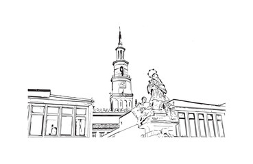 Building view with landmark of Poznan is the
city in Poland. Hand drawn sketch illustration in vector.