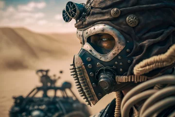 Portrait of a Post apocalyptic man with mask outdoors. Desert and dead wasteland on the background, generative ai © VicenSanh