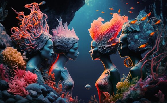 The Beauty of Ocean Nymphs, AI Generative 