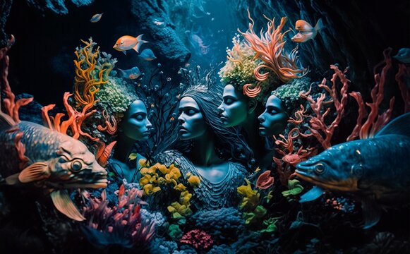 The Beauty of Ocean Nymphs, AI Generative 