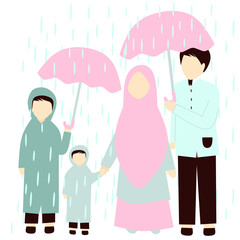 Faceless Muslim Family Under Rain