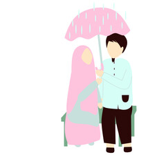 Faceless Muslim Couple Under Rain