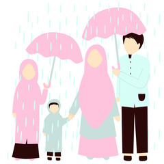 Faceless Muslim Family Under Rain