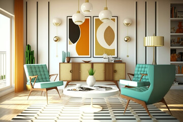 Mid-century modern living room - characterized by a focus on clean lines, organic shapes, and a retro-inspired aesthetic., Generative AI