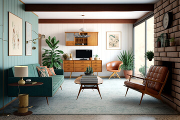 Fototapeta na wymiar Mid-century modern living room, Generative AI
