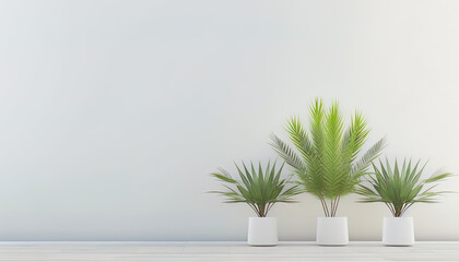 Obraz premium Green palm plants in a white vases with white background. Space for text.